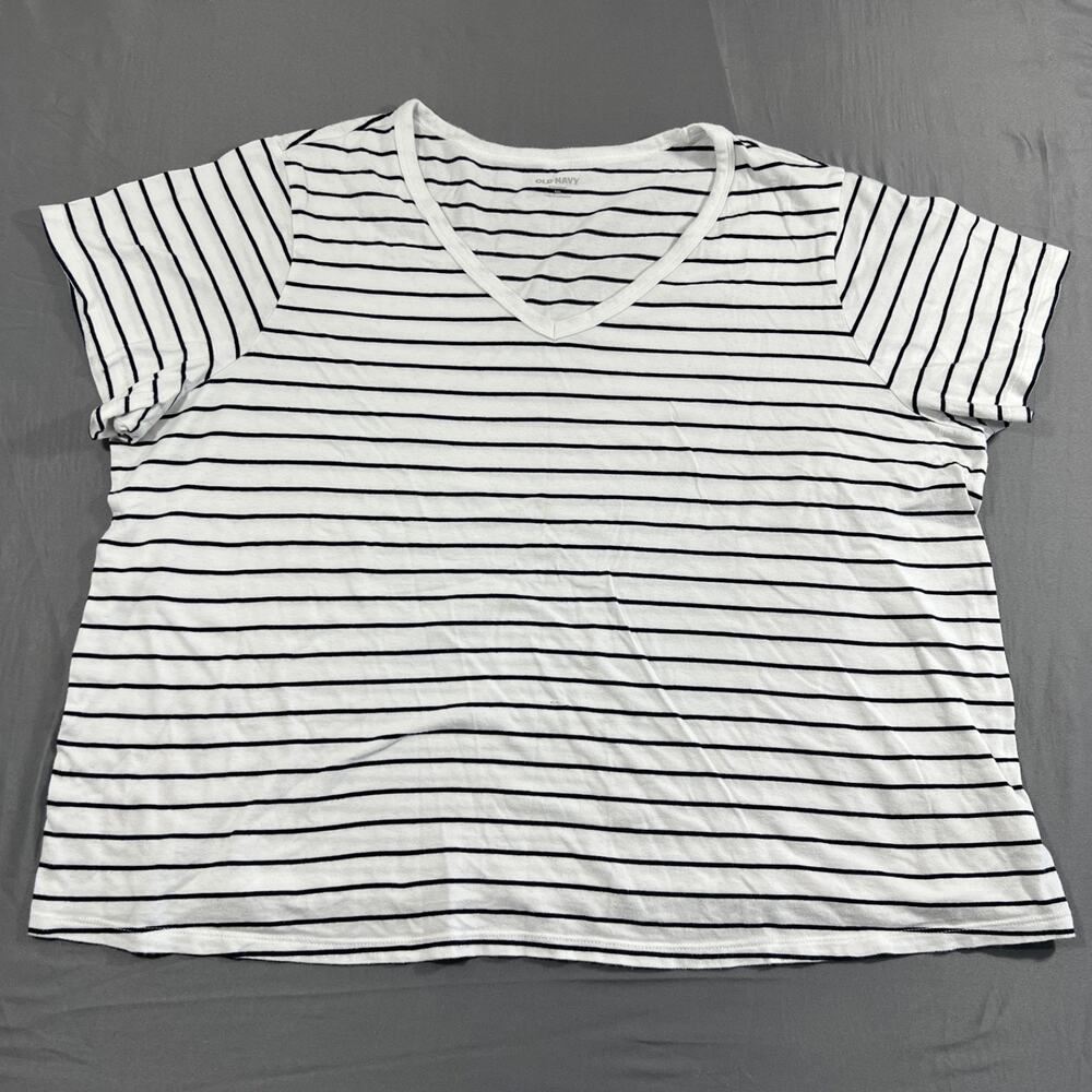 Old Navy Women’s XXL Black White Striped V Neck Short Sleeve T Shirt Cotton